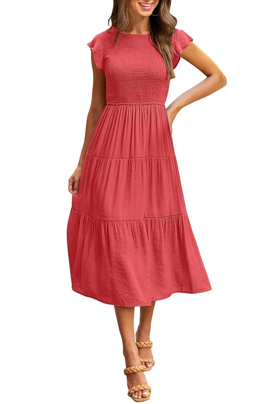 Merokeety Women's Flutter Short Sleeve Smocked Midi Dress Summer Casual Tiered A-Line Dress, Watermelon, Medium