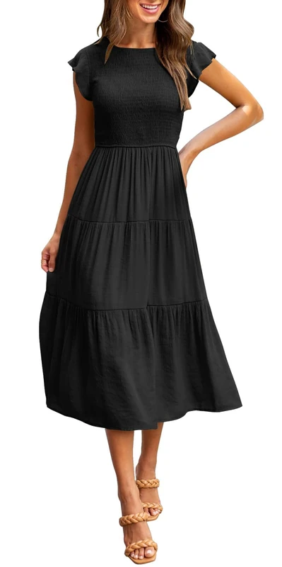 Merokeety Women's Flutter Short Sleeve Smocked Midi Dress Summer Casual Tiered A-Line Dress, Black, Small - Image 1
