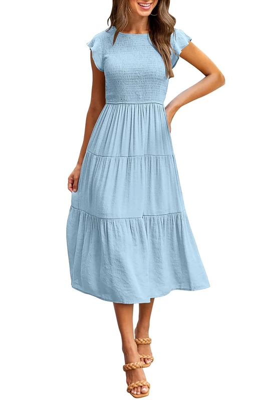 Merokeety Women's Flutter Short Sleeve Smocked Midi Dress Summer Casual Tiered A-Line Dress, Lightblue, Small