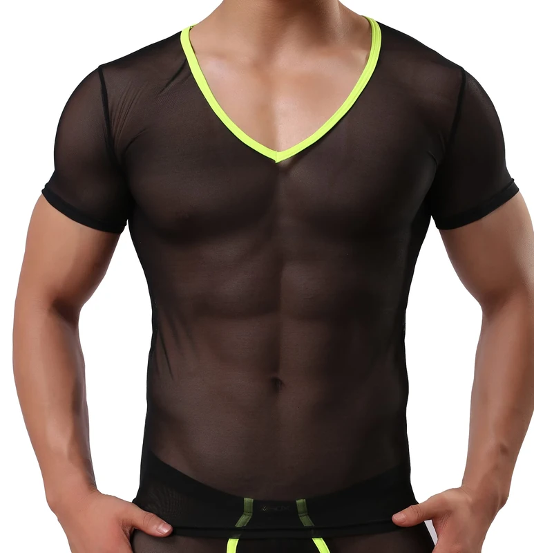 Drelaar Men's Sexy V-Neck Soft Mesh Undershirt Short Sleeve Silky T-Shirt Large Black