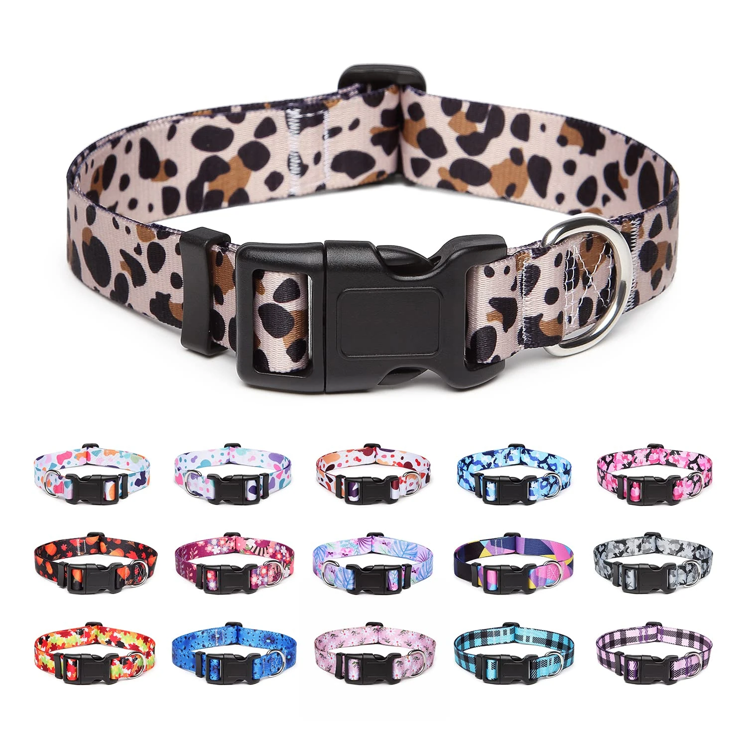 Suredoo Adjustable Nylon Dog Collar with Patterns, Soft Comfy Pet Collar for Small Medium Large Dogs (M, Leopard)