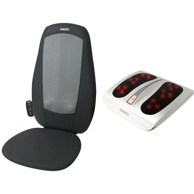 HoMedics Shiatsu Back and Shoulder Massager – Black & Shiatsu Foot Massager with Heat - Deep Kneading, Deluxe Heated Foot Massager, 6 Rotating Massaging Nodes and 18 Massage Heads, Portable - White
