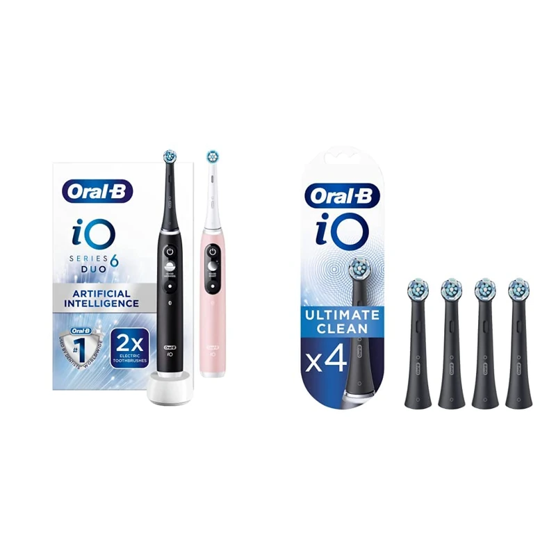 Oral-B iO6 Black Lava & Pink Sand Electric Toothbrush Duo Pack and iO Ultimate Clean Electric Toothbrush Head, Twisted & Angled Bristles for Deeper Plaque Removal, Pack of 4, Black