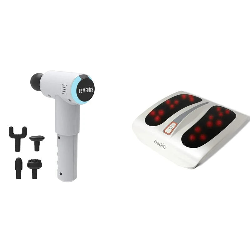 HoMedics Massage Gun & Shiatsu Foot Massager with Heat - Deep Kneading, Deluxe Heated Foot Massager, 6 Rotating Massaging Nodes and 18 Massage Heads, Portable - White