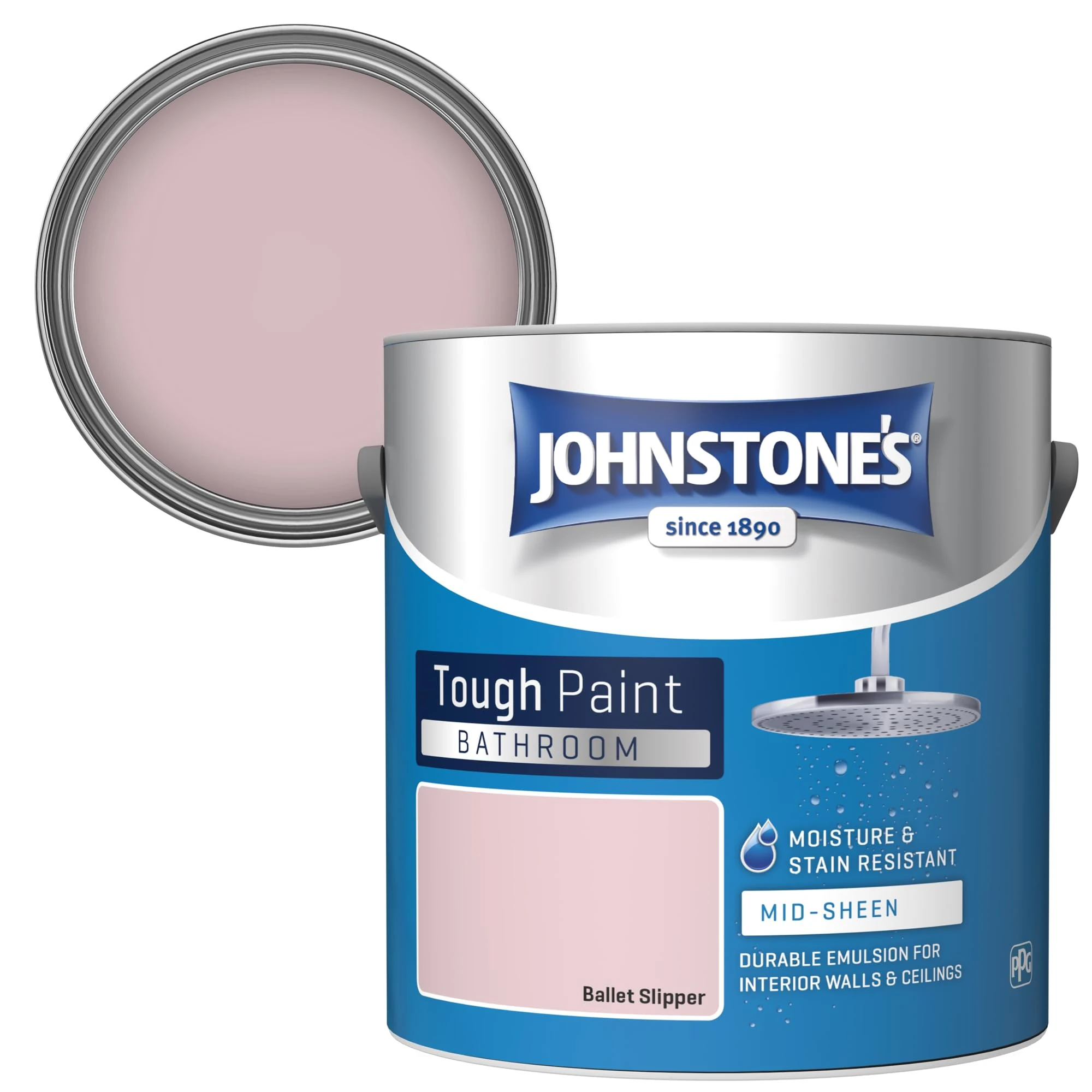 Johnstone's - Bathroom Paint - Ballet Slipper - Mid Sheen Finish - Stain Blocker Paint - Use in Moist & Damp Areas - Low Odour - Dry in 1-2 Hours - 12m2 Coverage per Litre - 2.5L