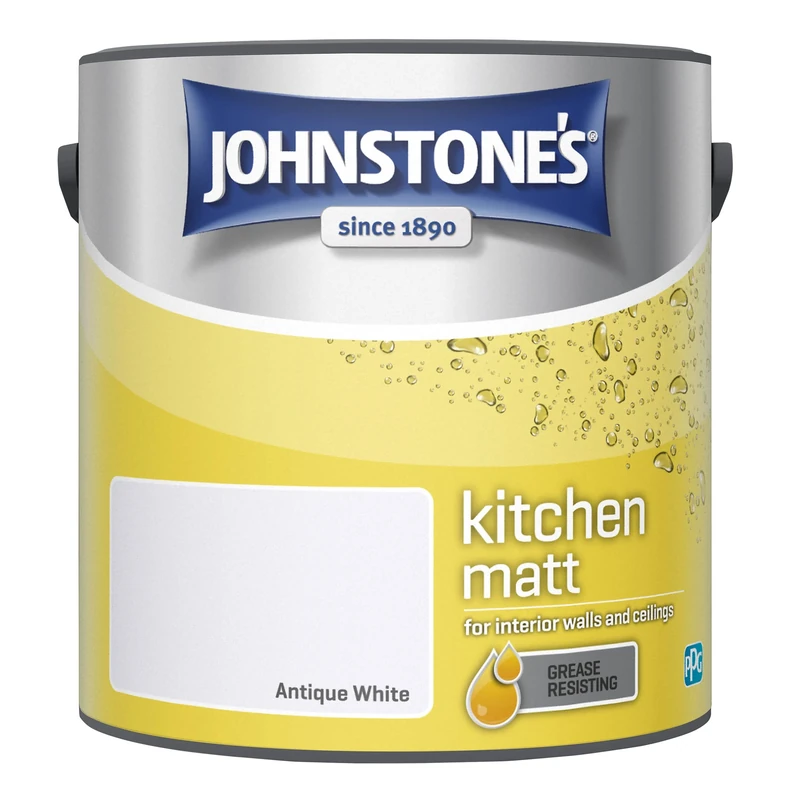 Johnstone's - Kitchen Paint - Antique White - Matt Finish - Grease & Stain Resistant - Suitable for Kitchen Walls & Ceilings - Highly Durable - Low Odour - 12m2 Coverage per Litre - 2.5L