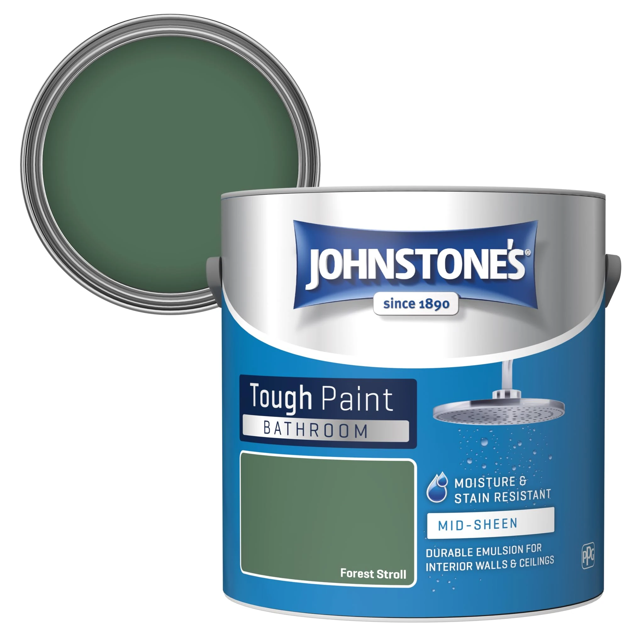 Johnstone's - Bathroom Paint - Forest Stroll - Mid Sheen Finish - Stain Blocker Paint - Use in Moist & Damp Areas - Low Odour - Dry in 1-2 Hours - 12m2 Coverage per Litre - 2.5L