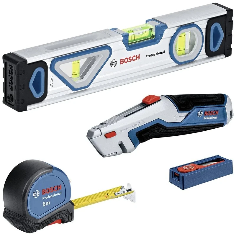 Bosch Professional 4-Part Hand Tool Set (incl. 25 cm Spirit Level, 5 m Tape Measure, Utility Knife with Retractable Blade and 10-Part Blade Set)