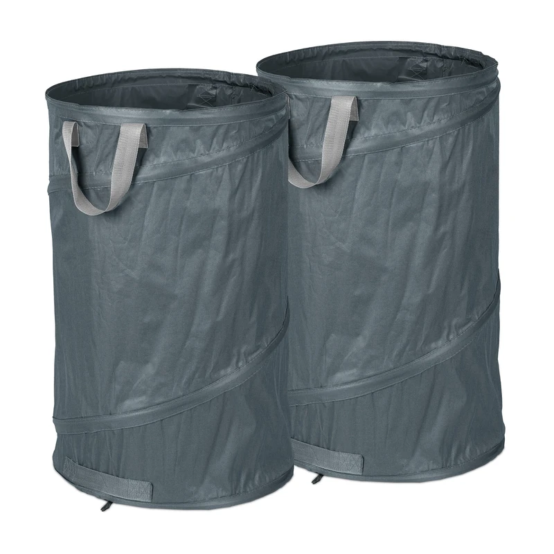 Relaxdays Pop-Up Garden Waste Bags, Set of 2, 120 L, Outdoor Refuse Sacks, 3 Handles, UV-Resistant, Waterproof, Grey