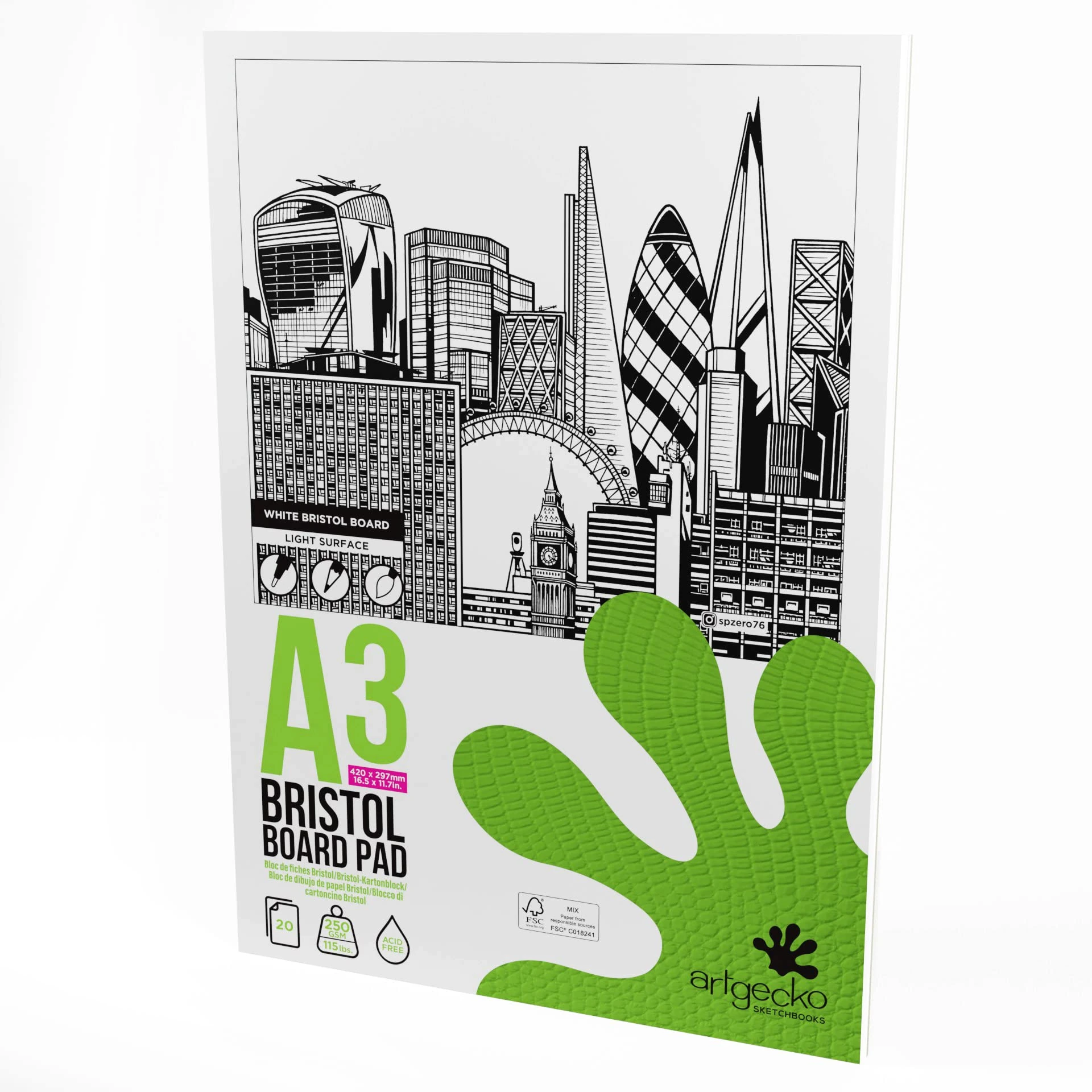 Artgecko Pro White Bristol Board Pad A3 Portrait - 20 Sheets 250gsm