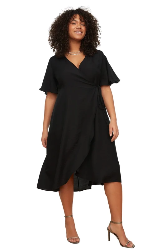 Trendyol FeMan Plus Size Midi Wrapover Relaxed fit Woven Plus Size Dress Black