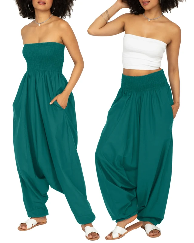 likemary Jumpsuits for Women UK Converts into Harem Pants with Pockets - 2-in-1 Cotton Strapless Romper & Comfy Elasticated Waist Trousers - Emerald Green Jumpsuit
