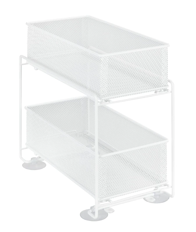 WENKO Gioma drawer organiser, high-quality organiser with 2 shelves and basket pull-out for kitchen cupboard or worktop, kitchen shelf made of powder-coated metal, 35 x 33.5 x 18.5 cm, white