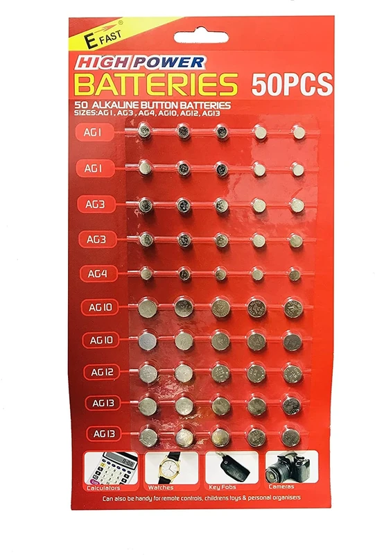 50 Pack Assorted Mixed Alkaline Button Cell Batteries AG1/LR621 | AG3/LR41 | AG4/LR66 | AG10/LR54 | AG12/LR43 | AG13/LR44 Battery for Watches, Toys, Calculators, Key Fobs