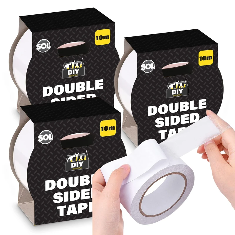 SOL 3pk Clear Double-Sided Tape – 10M x 48mm Heavy-Duty Sticky Tape for Craft, Mounting & DIY – Strong, Durable & Waterproof Double-Sided Adhesive Tape for Home, Office & Repairs