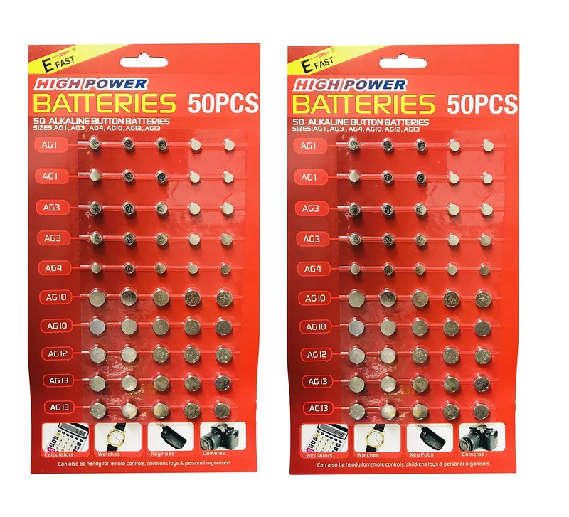 Assorted Mixed Alkaline Button Cell Batteries AG1/LR621 | AG3/LR41 | AG4/LR66 | AG10/LR54 | AG12/LR43 | AG13/LR44 Battery for Watches, Calculators, Key Fobs, Toys (Pack of 100)