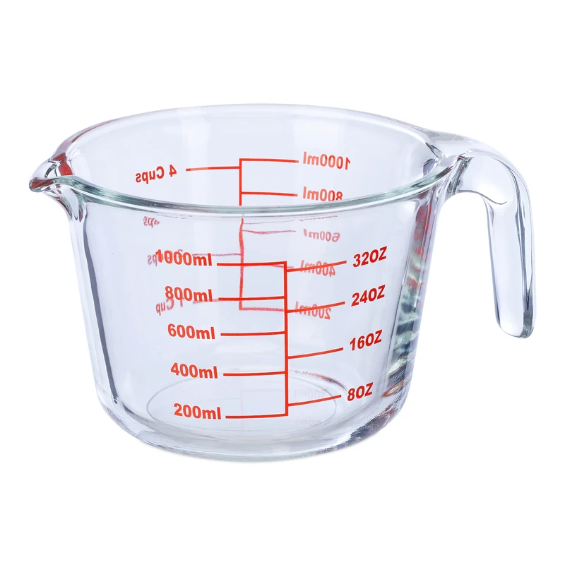 Relaxdays Glass Measuring Jug, 1 Litre, Heat Resistant, Microwave Safe, Milliletres, Ounces & Cups, Transparent