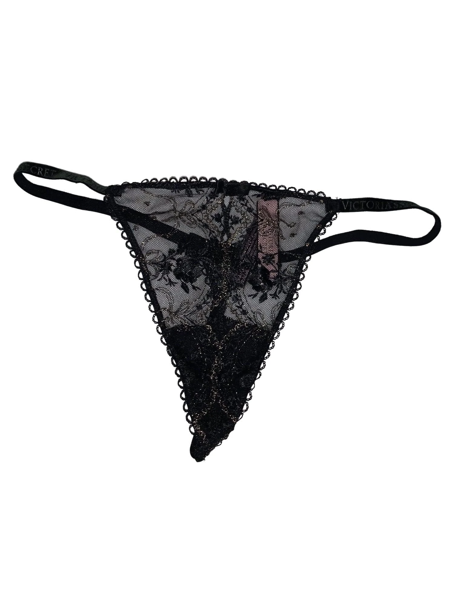 Victoria's Secret Very Sexy Rose and Bows V-String Panty Color Black New, Black, L