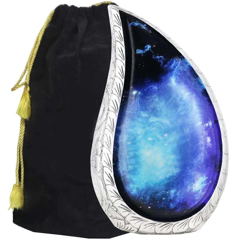 M MEILINXU Cremation Urns for Human Ashes Adult Man or Women, Funeral Urn for Ashes Adult Male or Female, Cosmic Galaxy Decorative, Teardrop Aurora Borealis Urn, Black and Blue - Large Full Size