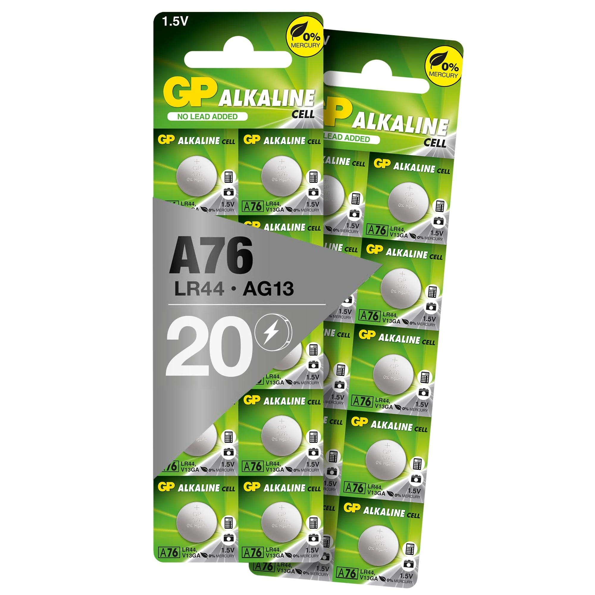 GP LR44 button cells, batteries L1154f / AG13 / V13GA, pack of 20 button batteries, alkaline 1.5 V (voltage 1.5 volt)