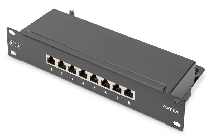 Digitus CAT 6A Patch Panel - 8 Ports - RJ45 Sockets - 10-Inch Rack Mount 1HE - LSA Distribution Panel - Shielded - Black