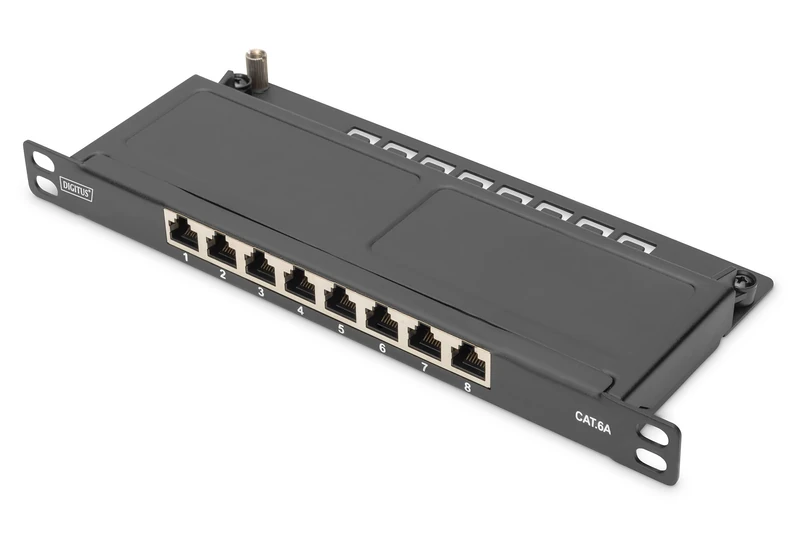 Digitus Cat-6A patch panel – 8 ports – 10-inch rack mount 0.5 RU – shielded – RJ45 jacks – 10GBase-T – LSA distribution panel – black