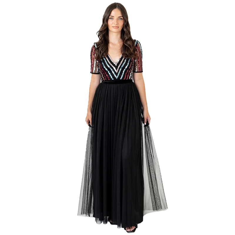 Maya Deluxe Women's Maxi Dress Ladies Ball Gown for Wedding Guest Long V Neck Empire Waist Short Sleeve Prom Mesh Black Formal Dress, Black, 28