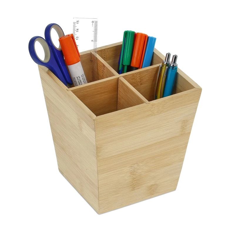 Relaxdays Pen Holder, Organiser with 4 Compartments, H x W x D: 15.5 x 14.5 x 14.5 cm, Bamboo, Natural