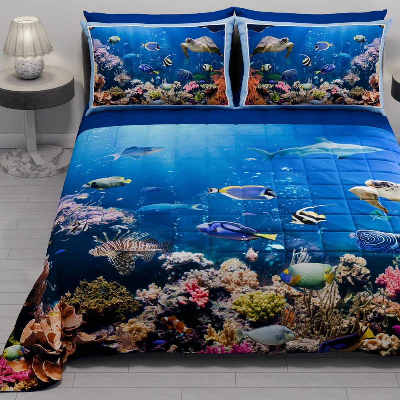 PETTI Artigiani Italiani - Summer Double Bedspread 260 x 270 cm 100 g/m² Double Sided Spring Quilt Lightweight Aquarium, 100% Made in Italy