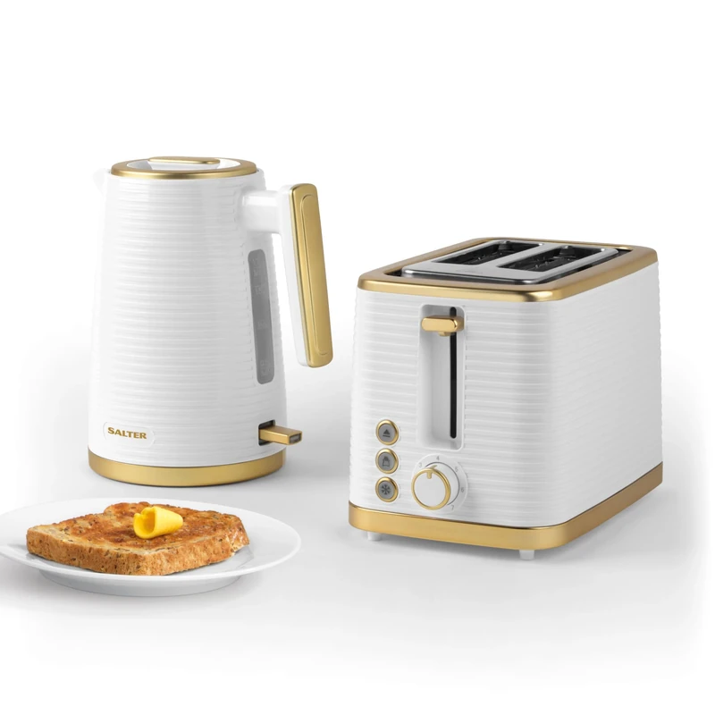 Salter COMBO-7996 Palermo Kettle and Toaster Set – Fast Boil 1.7 L Kettle and 2 Slice Electric Wide Slot Toaster, Water Level Indicator, 7 Browning Levels, Removable Crumb Tray, 3kW/930W, White/Gold