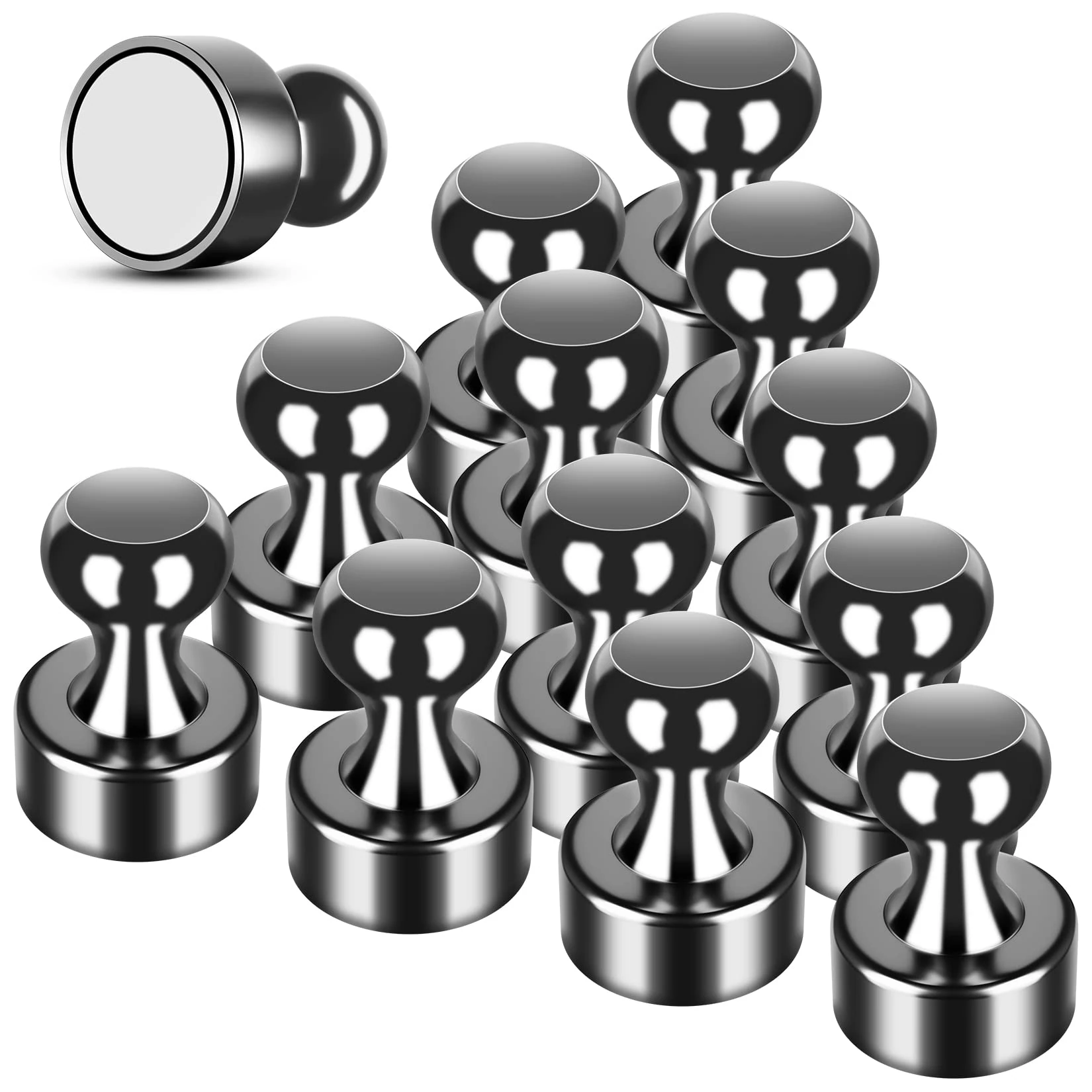 Fridge Magnets, 16 Pack 12 x 16 mm Black Neodymium Magnetic Push Pins, Strong Whiteboard Magnets, Magnetic Thumb Tacks, Push Pins for Whiteboard, Magnet for Fridge, Office, Map, Photo