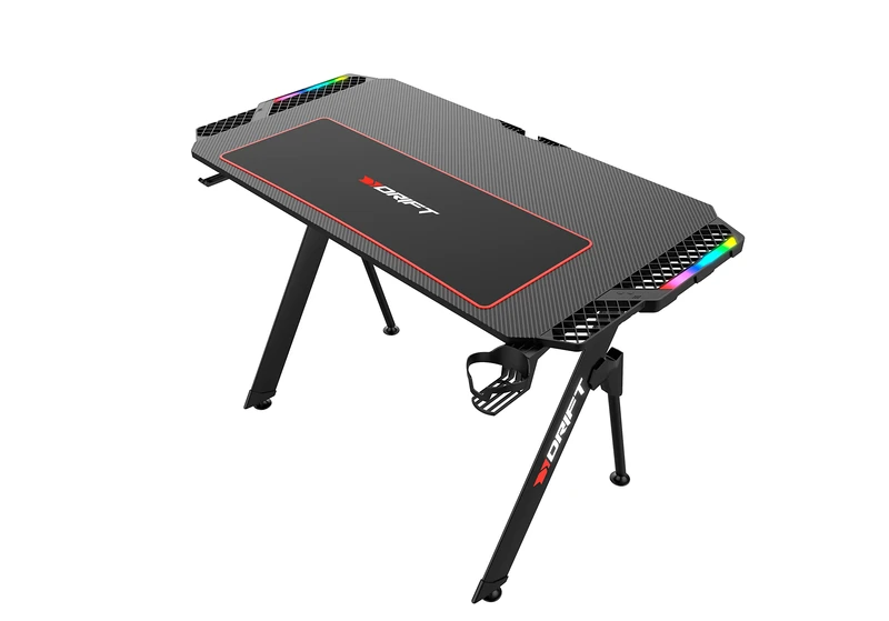Drift Gaming DRDZ150 - Gaming Table with Carbon Fibre Table Top Covered by a Full Size Mouse Pad, Cup and Headset Holder, RGB Side Extension, Cable Organiser, Colour Black - Image 1