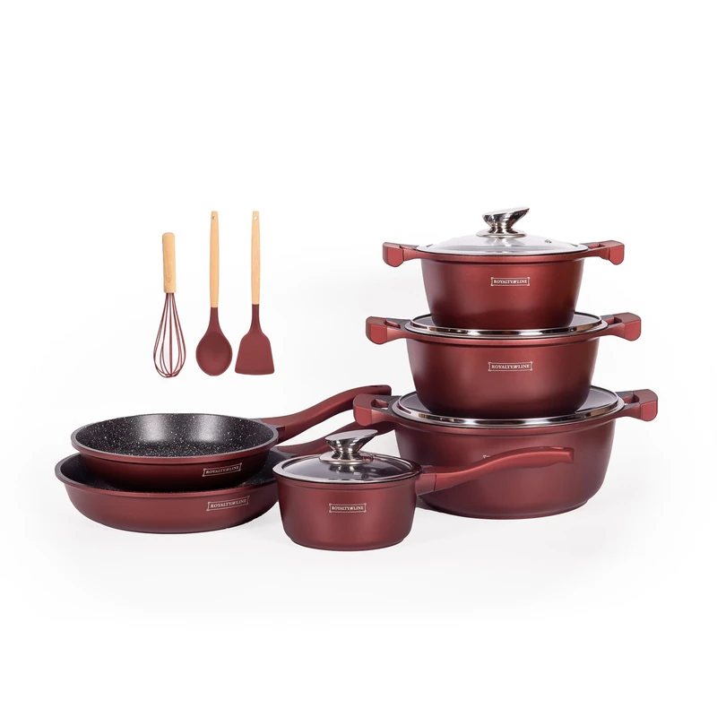 ROYALTY LINE, 13-Piece Cookware Set, Cast Aluminium, Marble Coating, with Removable Silicone Handles, Compatible with All Heat Sources, Bronze Color