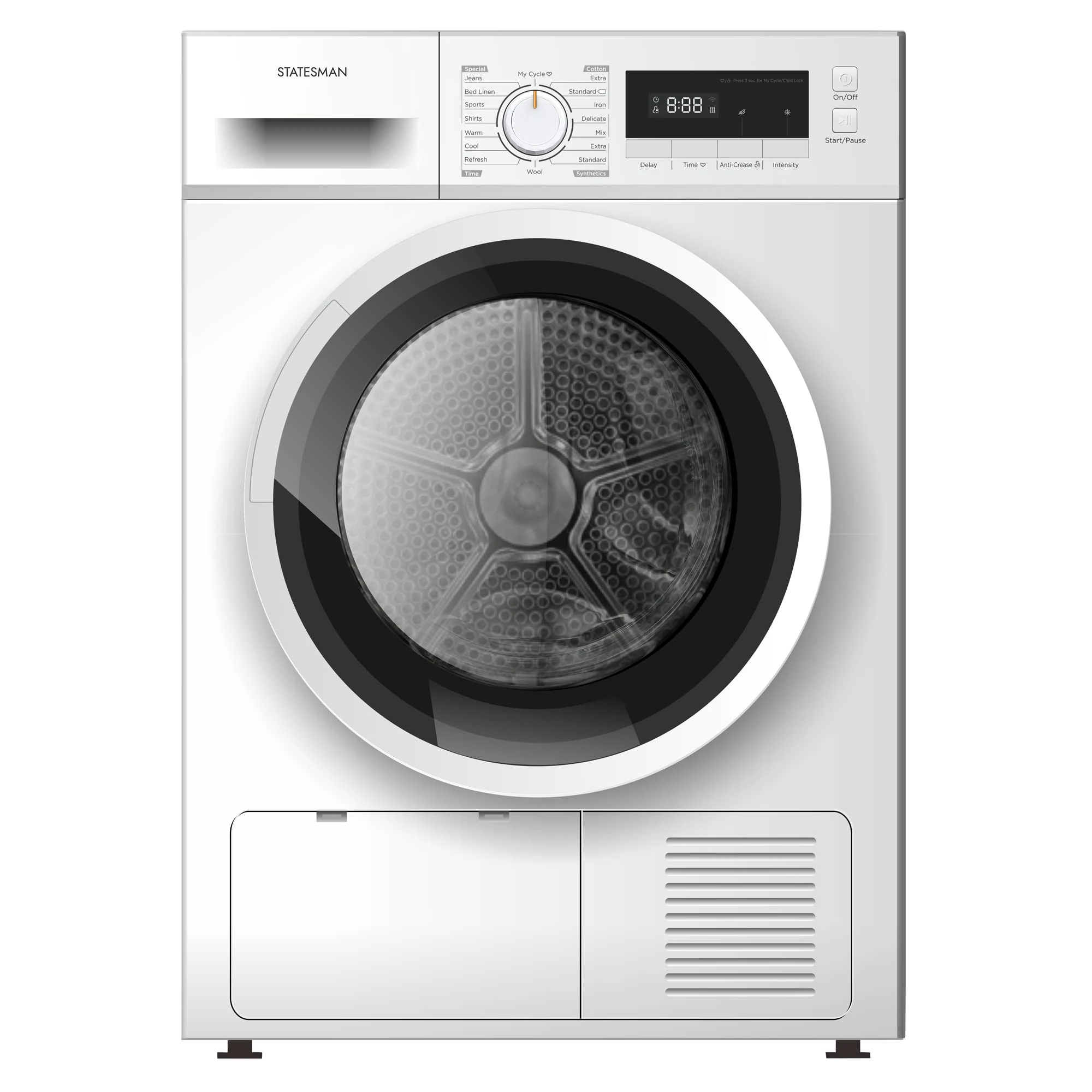 Statesman TCM08W Freestanding Condenser Tumble Dryer, 8kg Load Capacity, Anti Crease Function, Digital LED Display, Add Garment Function, Interior Light, White
