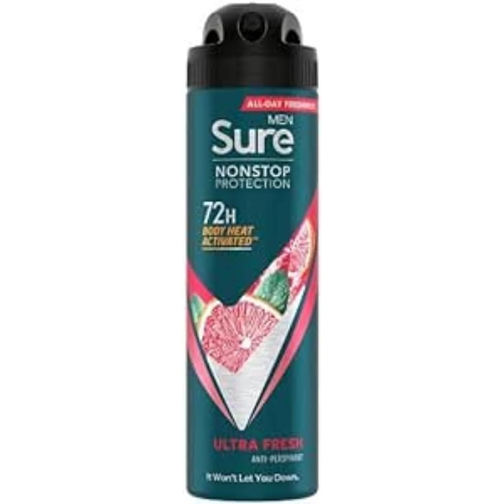 Sure Men Nonstop Protection Ultra Fresh Deodorant Body Spray Antiperspirant with a fruity scent & body heat activated technology for 72 hour odour and sweat protection 150 ml, Pack of 6