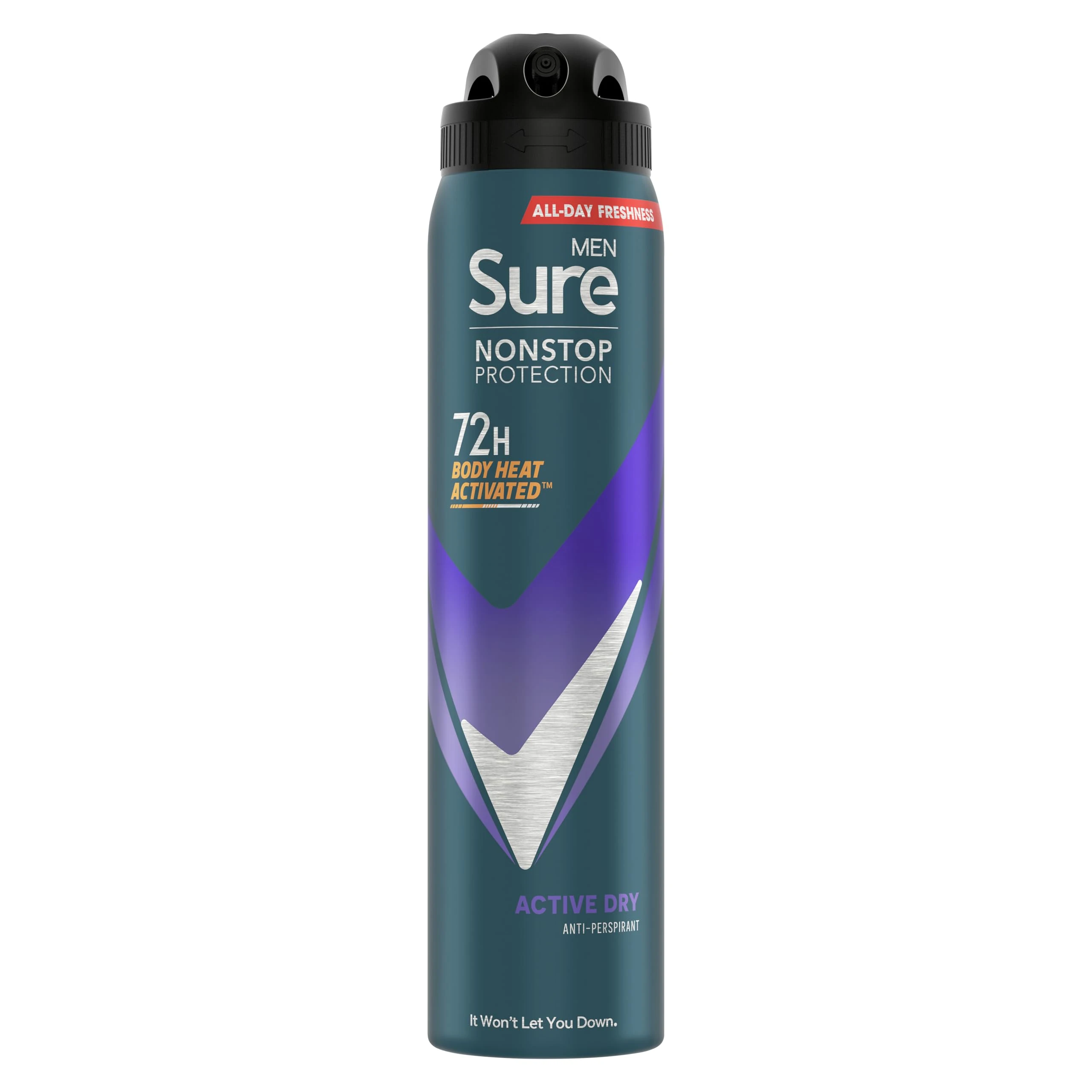 Sure Men Nonstop Protection Active Dry Antiperspirant Deodorant with Body Heat Activated technology Spray for 72-hour odour and sweat protection 250 ml