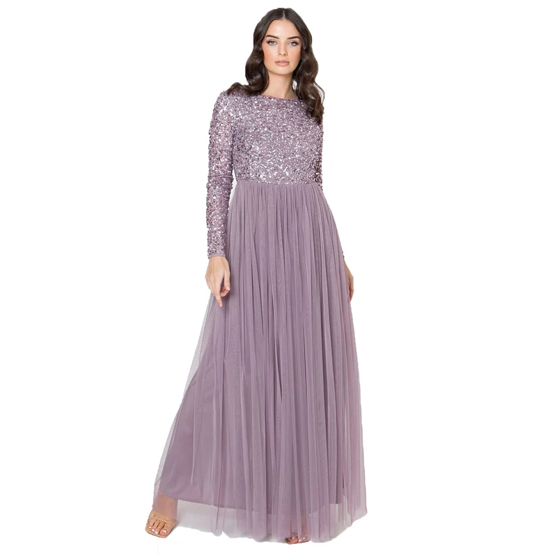 Maya Deluxe Women's Maya Embellished Long Sleeve Maxi Dress Bridesmaid Moody Lilac 14