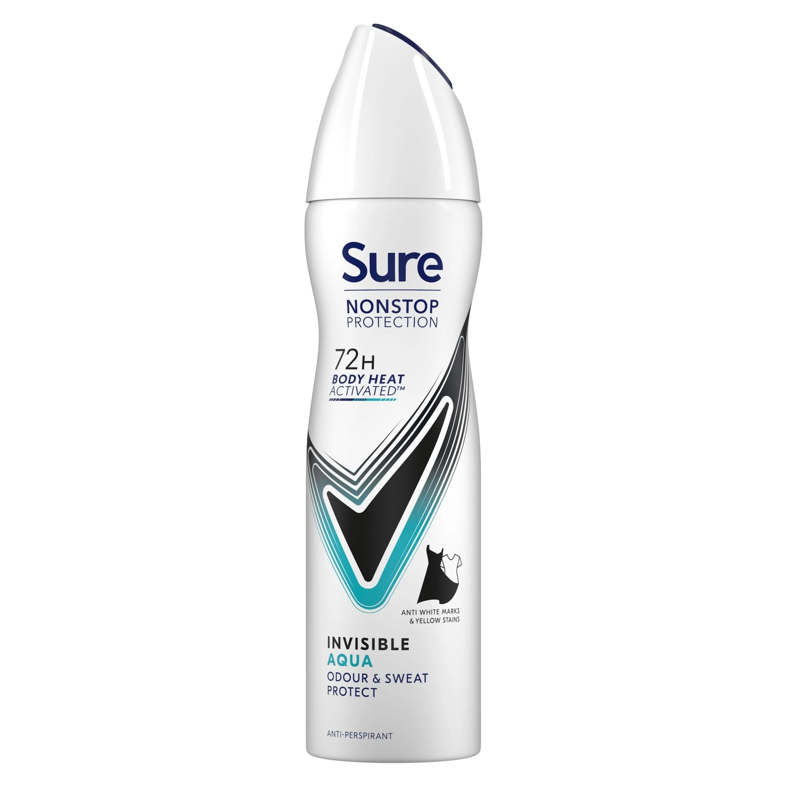 Sure Invisible Aqua Nonstop Protection Anti-perspirant Deodorant Aerosol deodorant spray that protects against white marks and yellow stains 72h protection against sweat and odour 150 ml