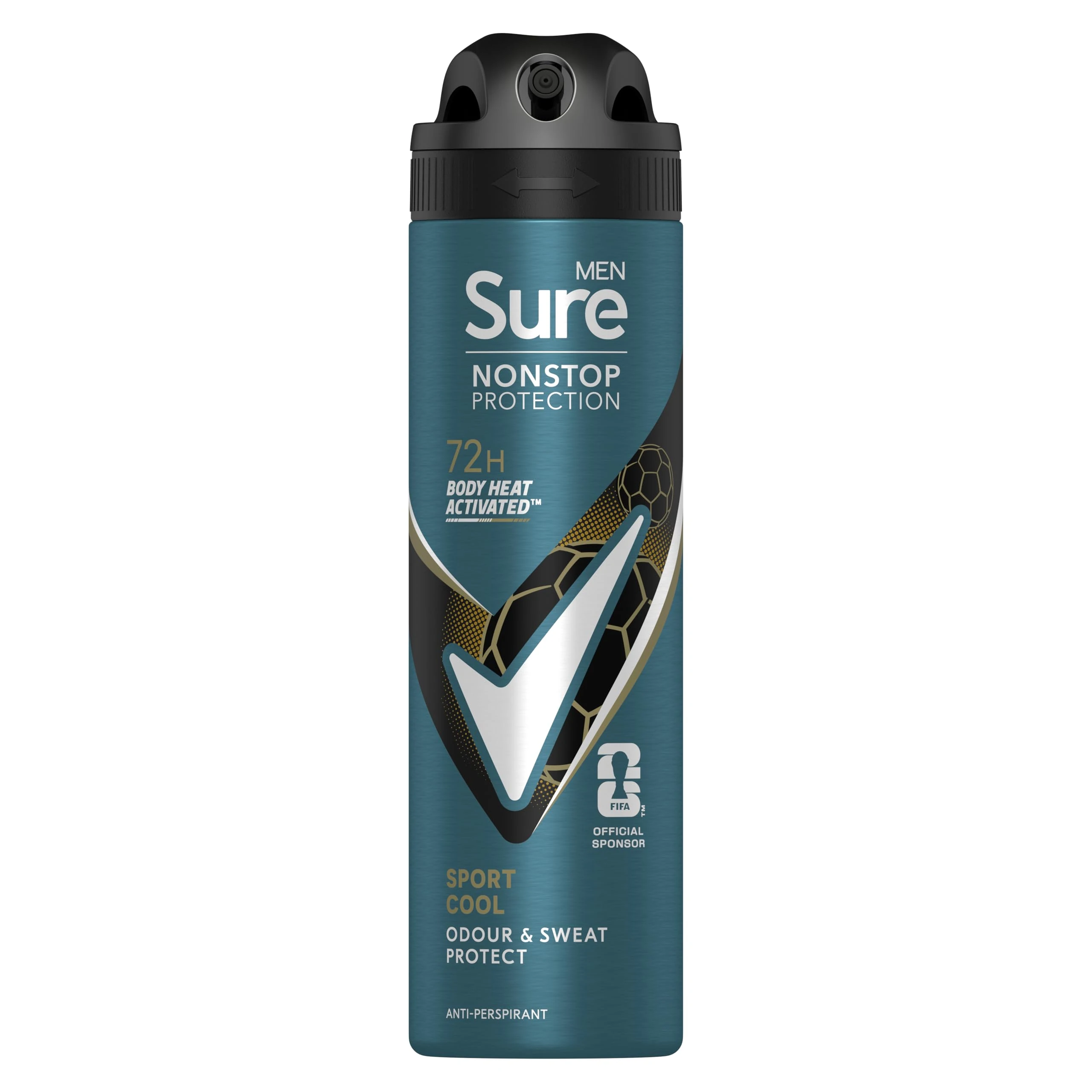 Sure Men Nonstop Protection Sport Cool Deodorant Body Spray Antiperspirant with a mint and citrus scent & body heat activated technology for 72 hour odour and sweat protection 150 ml
