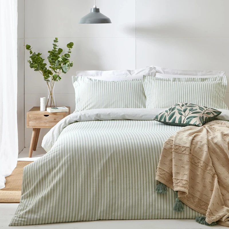 furn. Yard Hebden Mélange Stripe Cotton Duvet Set – Ultra Soft Reversible Striped Bedding (Eucalyptus – Super King)