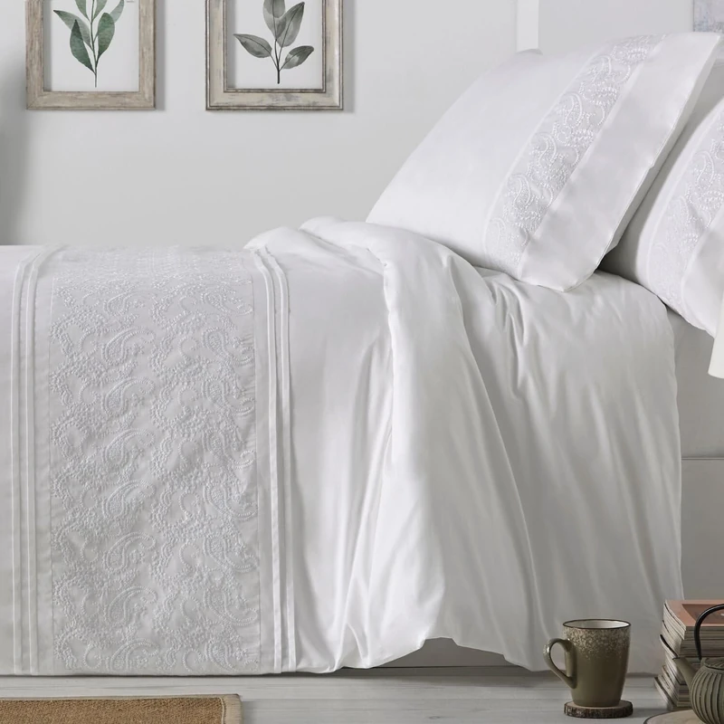 Burrito Blanco | Embroidered Cotton Duvet Covers | for 135 cm Bed Cotton Percale 200 Thread Count | Colour 402 White (135 x 190/200 cm)