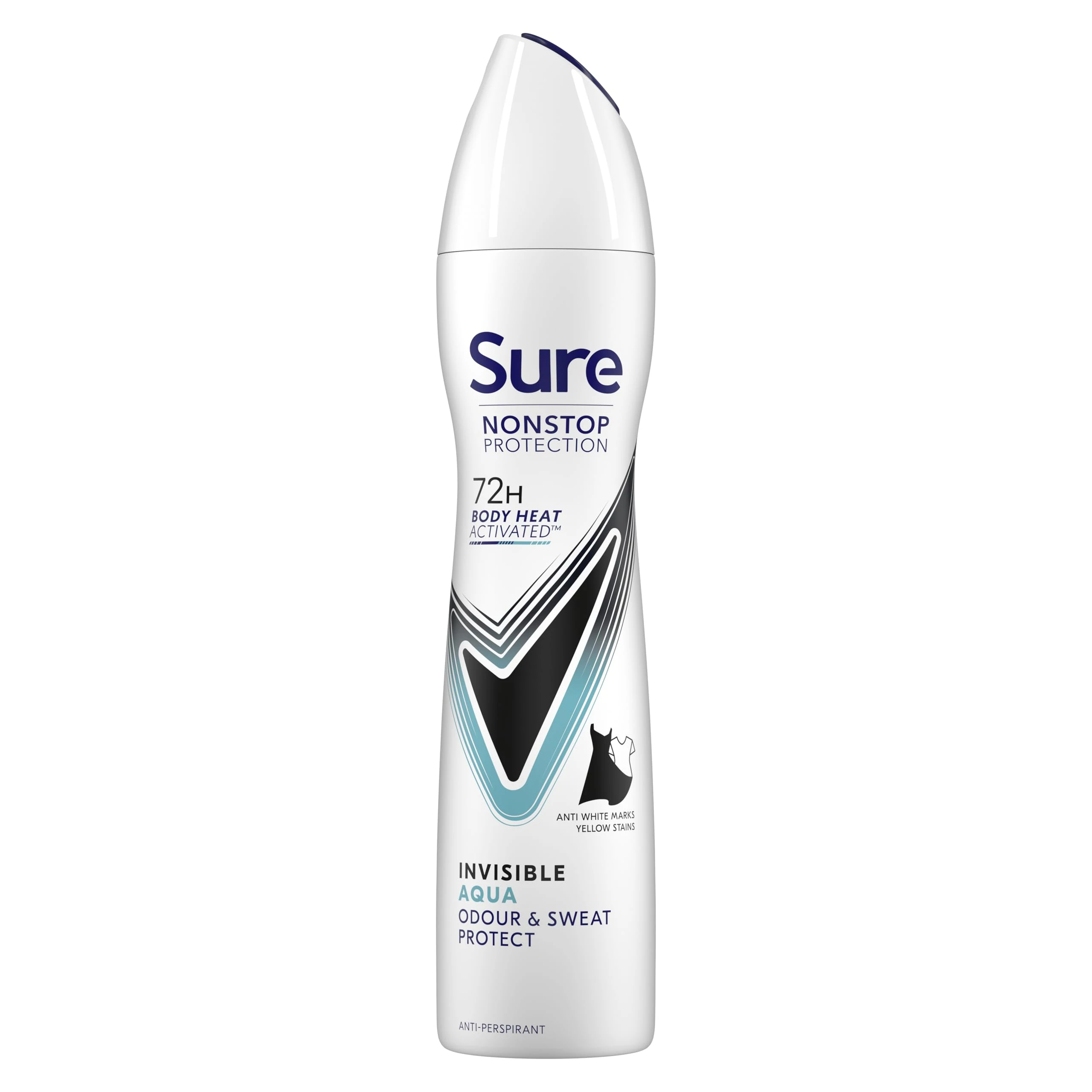Sure Nonstop Protection Invisible Aqua Anti-Perspirant Aerosol Women's Deodorant Spray with Body Heat Activated technology and white mark protection for 72 hour odour and sweat protection 250 ml