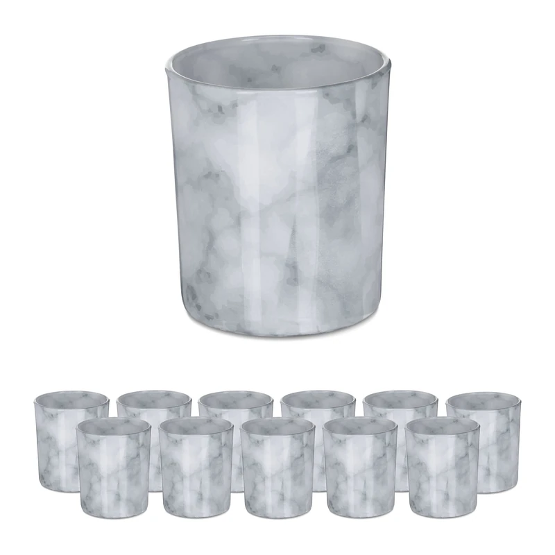 Relaxdays Tealight Holders, Set of 12, Marble Look, Votive Candle Glasses, H x Diam.: 8.5 x 7 cm, Home & Garden, Grey