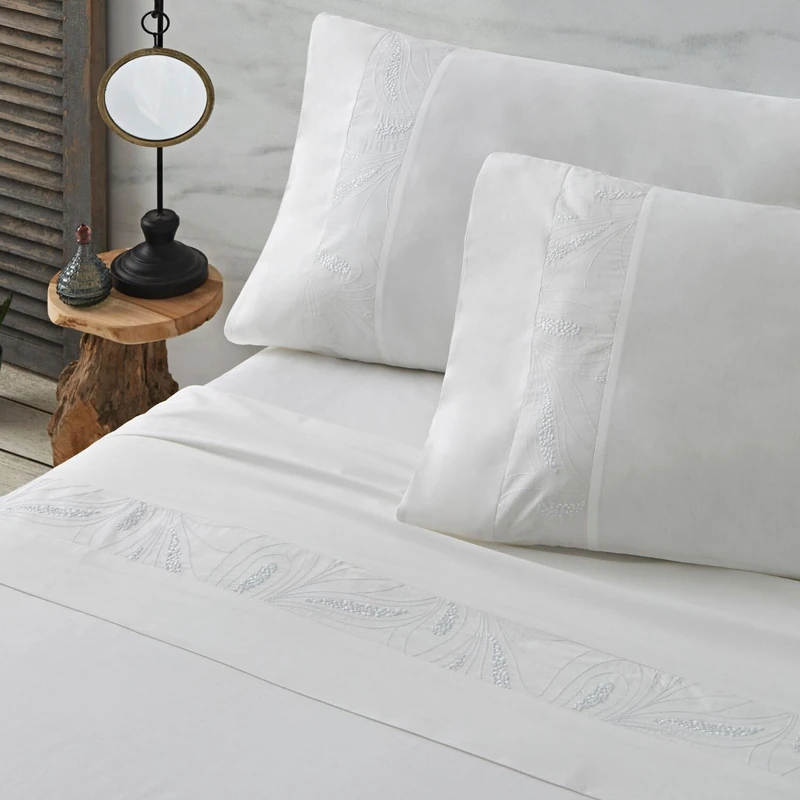 Burrito Blanco | Embroidered Cotton Sheets | for 135 cm Bed White Sheets Cotton Percale 200 Thread Count | Color 401 White