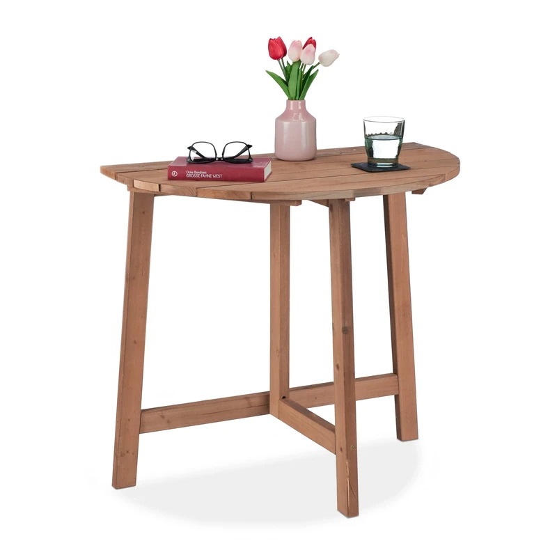 Relaxdays Folding Table, Semi-Circular, HxWxD: 74 x 80 x 50 cm, Balcony & Garden, Fir, Outdoor, Wall Tabletop, Brown, Wood, 74x80x50cm