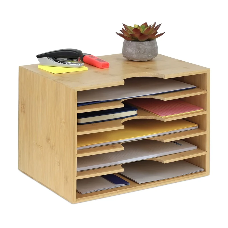 Relaxdays Document Organiser, A4 Size, 8 Compartments, Office, H x W x D: 23.5 x 32.5 x 24 cm, Bamboo, Natural