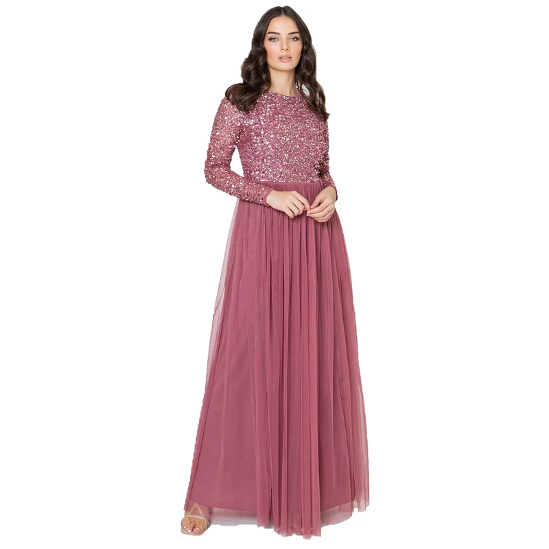 Maya Deluxe Women's Maya Embellished Long Sleeve Maxi Dress Bridesmaid Desert Rose 26