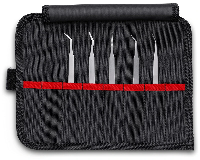 KNIPEX Tools 92 00 03 5 Pc Stainless Steel Tweezers Set in Tool Roll-SMD, Silver