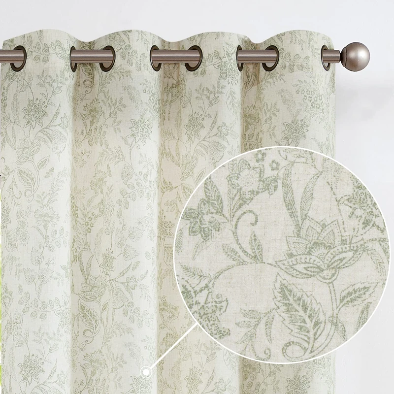 Vangao Rustic Style Linen Semi Sheer Curtains 108 Inches Long for Living Room Bedroom Green Vintage Floral Print on Beige Grommet Top Curtains