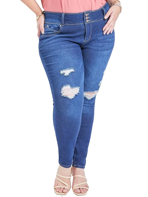 Royalty for Me Women's YMI Plus Size Wannabettabutt 3 Button Lycra Jean Made with Recycled Fibers Pants, Dark Wash Denim, 18 (Pack of 6) - Image 1